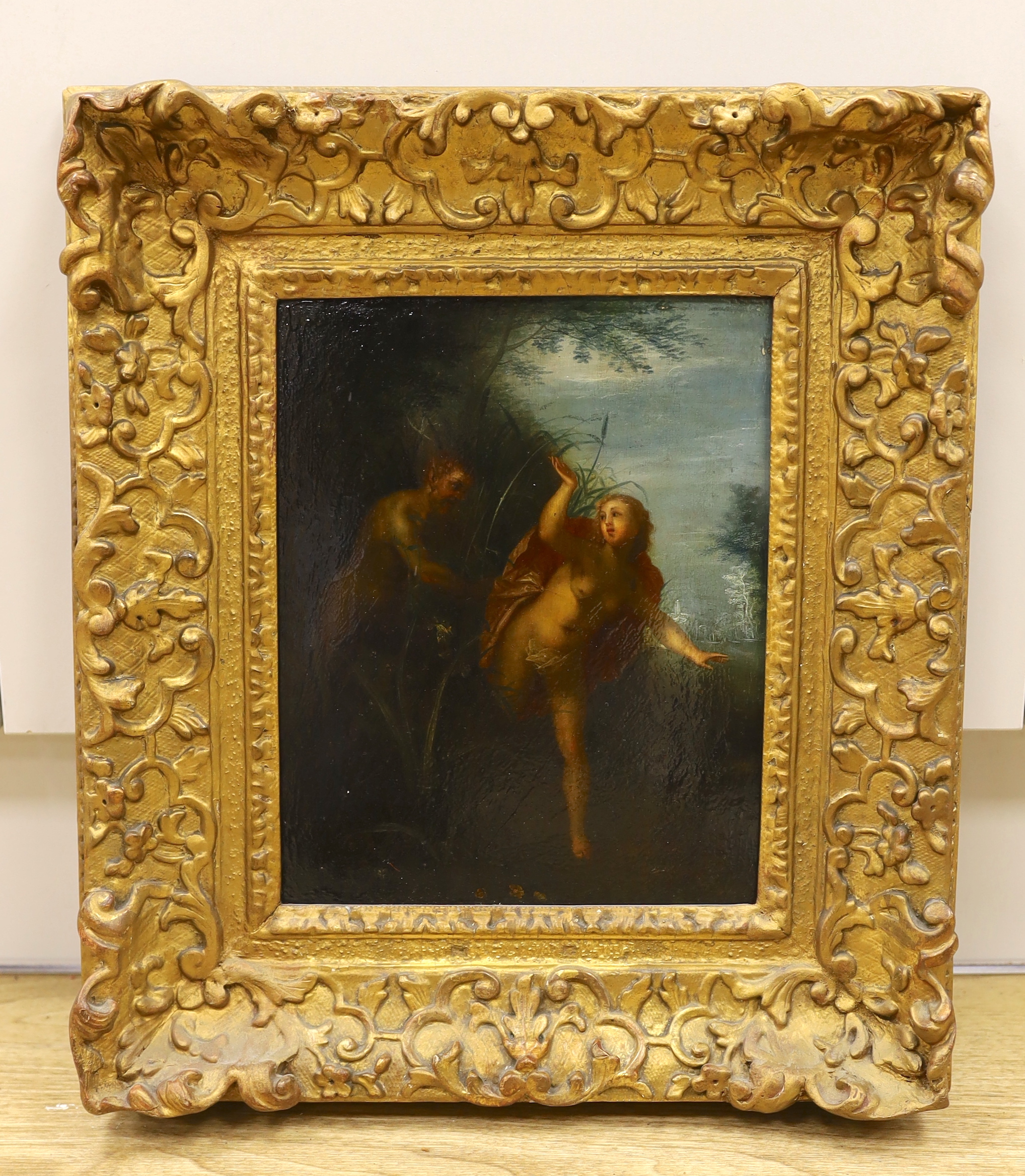 After Hendrick Van Balen the Elder (Flemish, 1575-1632), oil on panel, 'Pan pursuing Syrinx', 28 x 22cm, ornate gilt frame